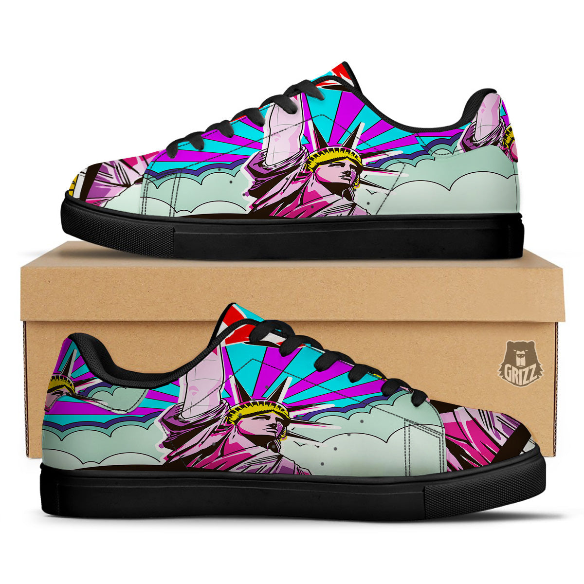 Psychedelic USA Statue of Liberty Independence Day Print Black Low Top Sneakers-grizzshop