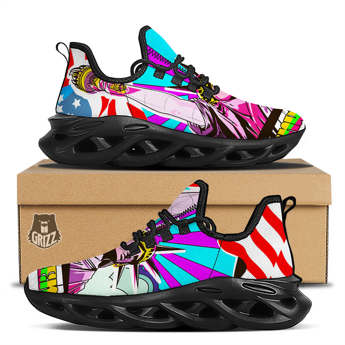 Psychedelic USA Statue of Liberty Independence Day Print Black Running Shoes-grizzshop