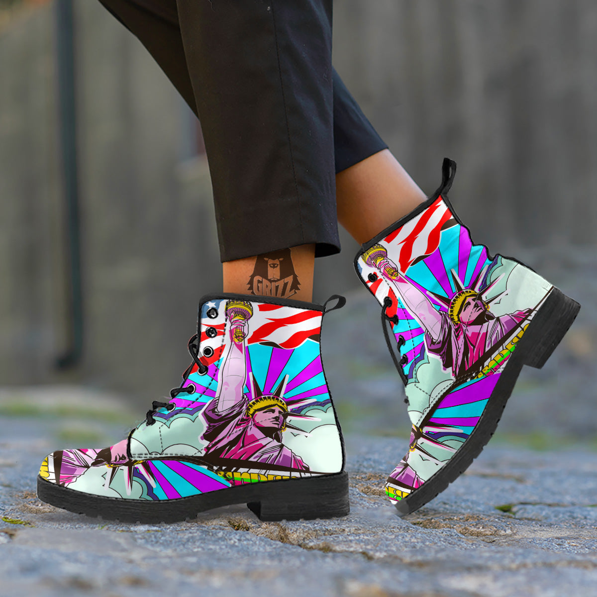 Psychedelic USA Statue of Liberty Independence Day Print Leather Boots-grizzshop