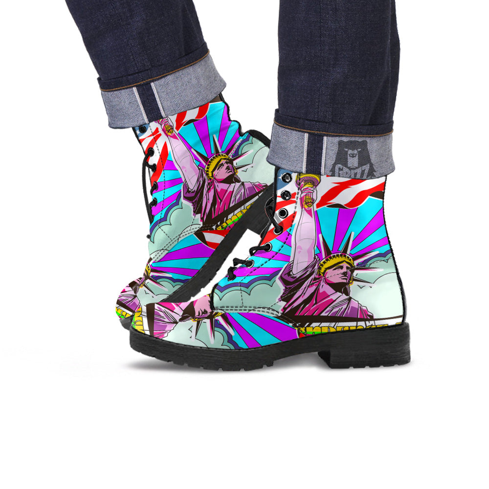 Psychedelic USA Statue of Liberty Independence Day Print Leather Boots-grizzshop