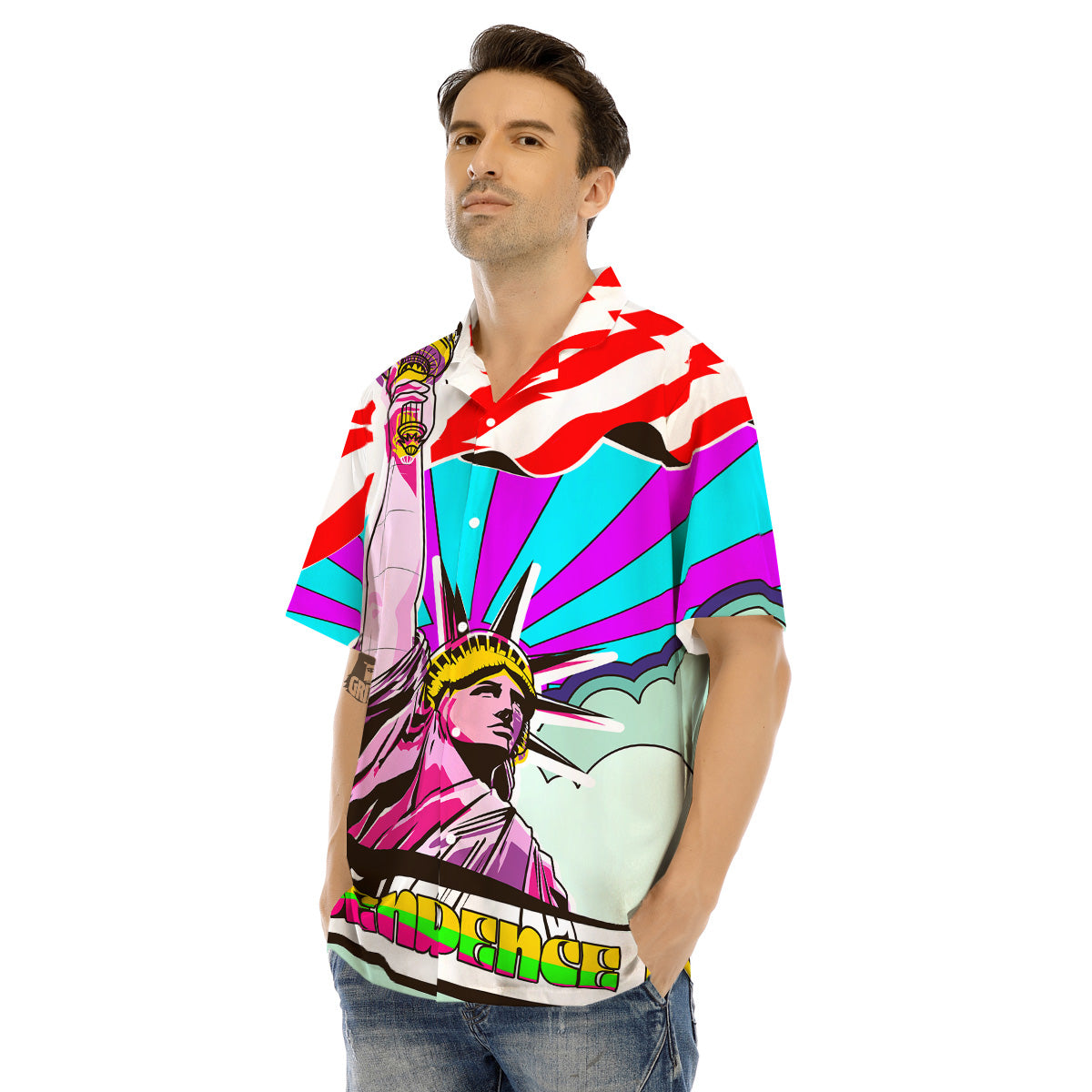 Psychedelic USA Statue of Liberty Independence Day Print Men's Hawaiian Shirt-grizzshop