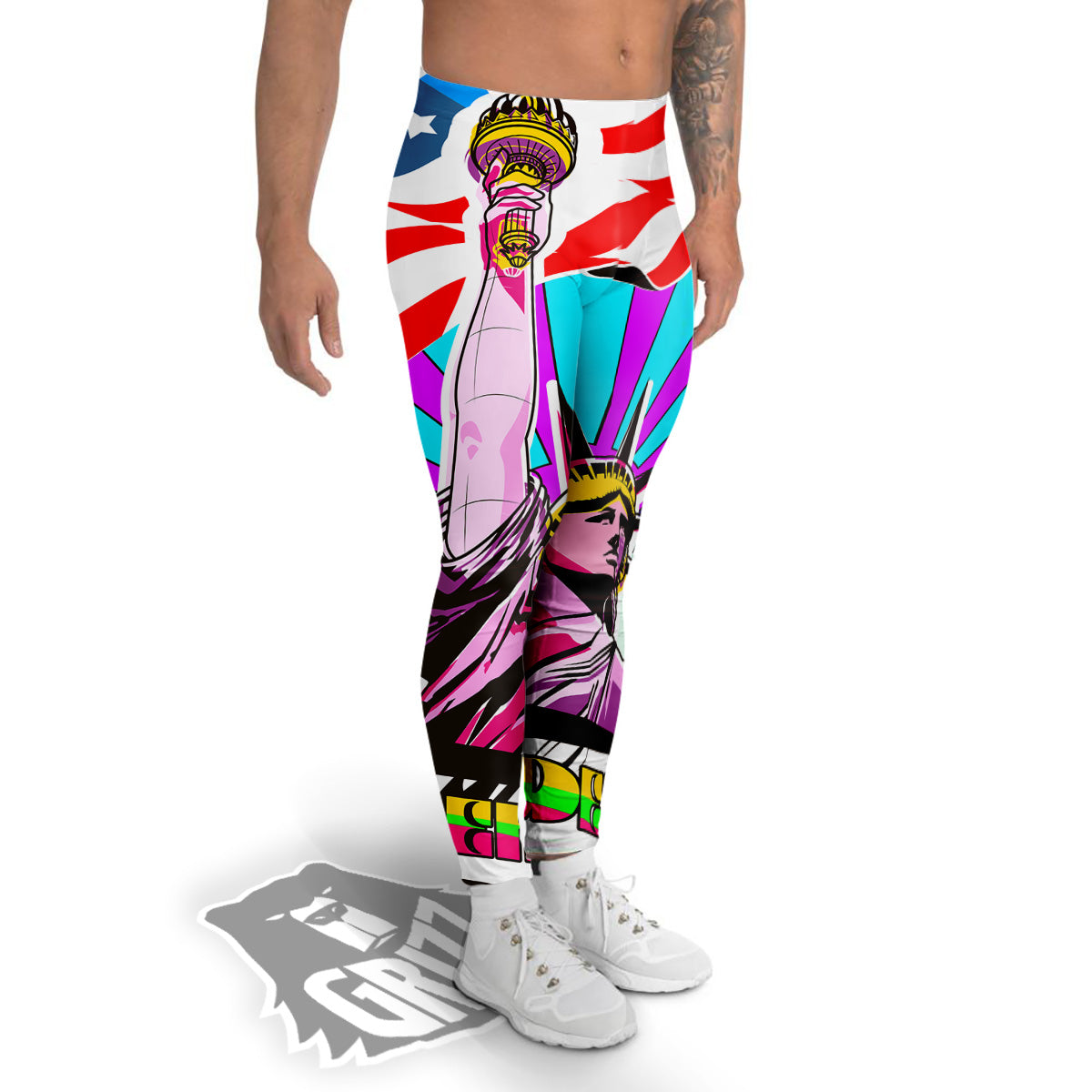 Psychedelic USA Statue of Liberty Independence Day Print Men's Leggings-grizzshop