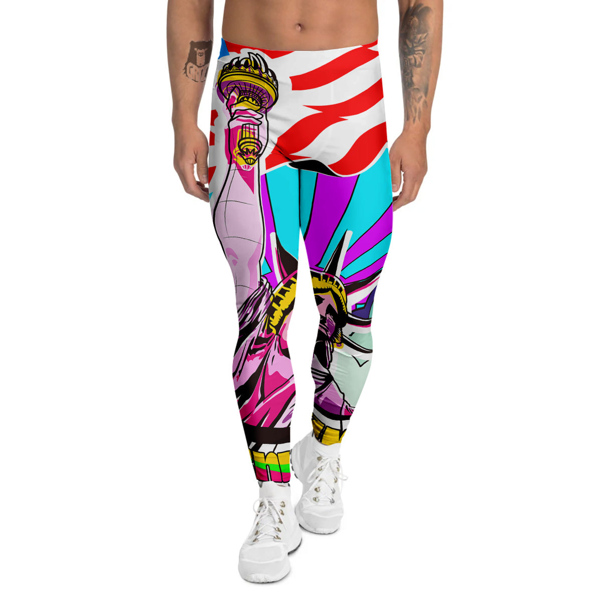 Psychedelic USA Statue of Liberty Independence Day Print Men's Leggings-grizzshop