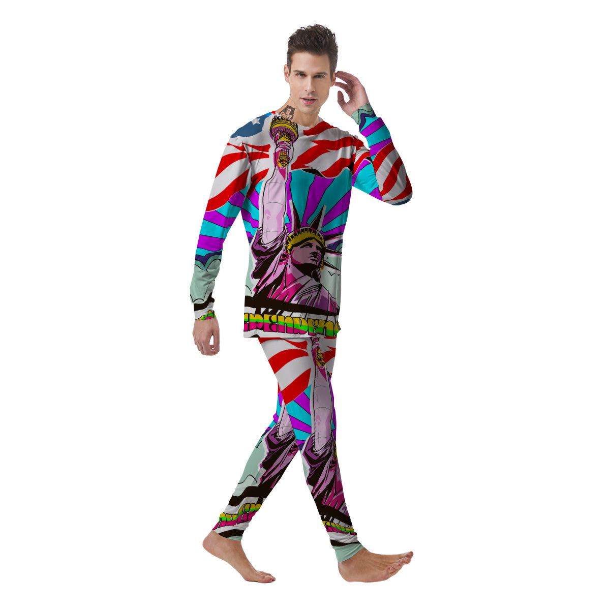 Psychedelic USA Statue of Liberty Independence Day Print Men's Pajamas-grizzshop
