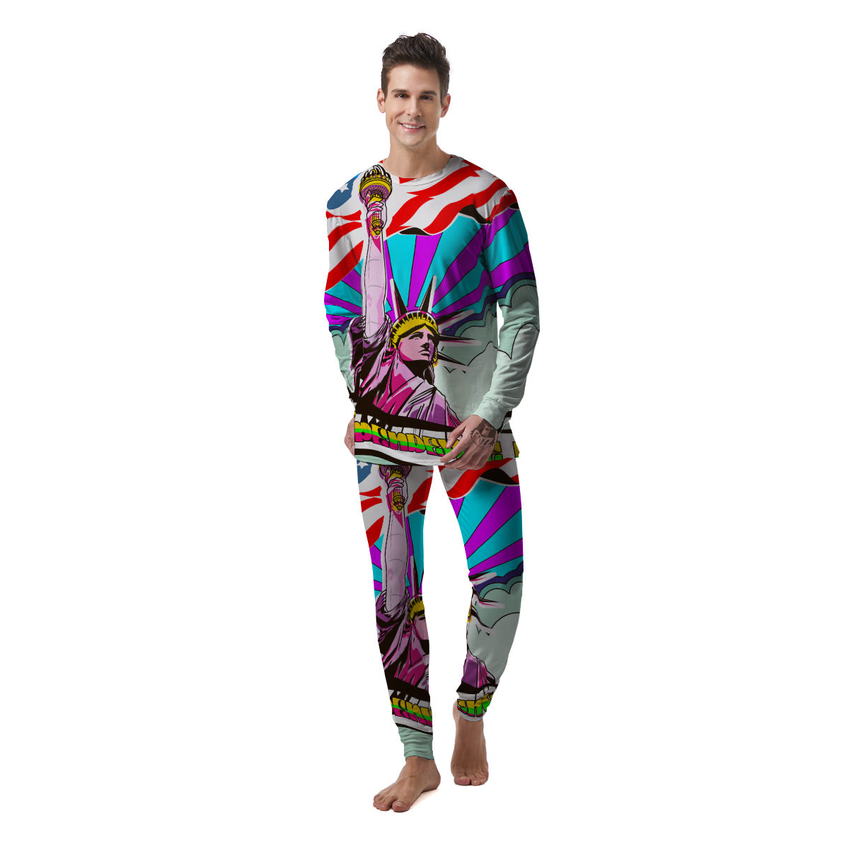 Psychedelic USA Statue of Liberty Independence Day Print Men's Pajamas-grizzshop
