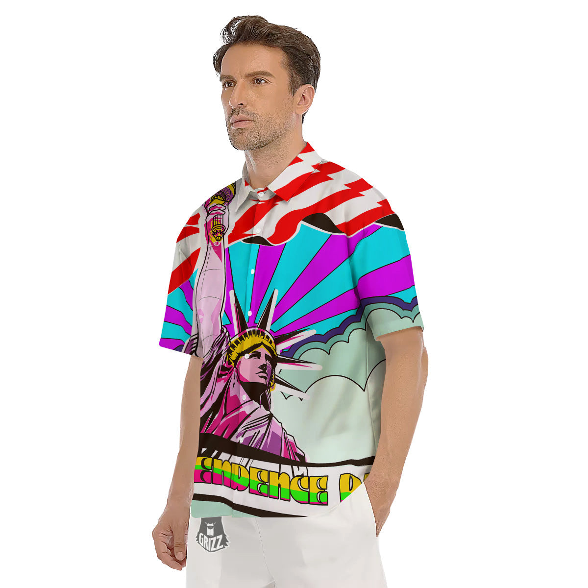 Psychedelic USA Statue of Liberty Independence Day Print Men's Short Sleeve Shirts-grizzshop