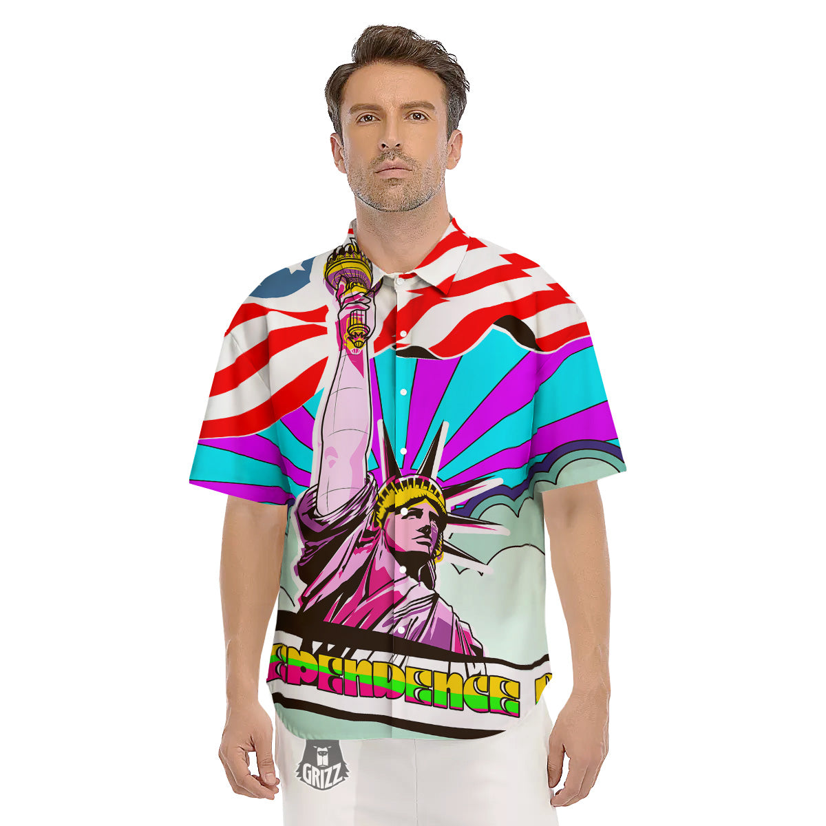 Psychedelic USA Statue of Liberty Independence Day Print Men's Short Sleeve Shirts-grizzshop