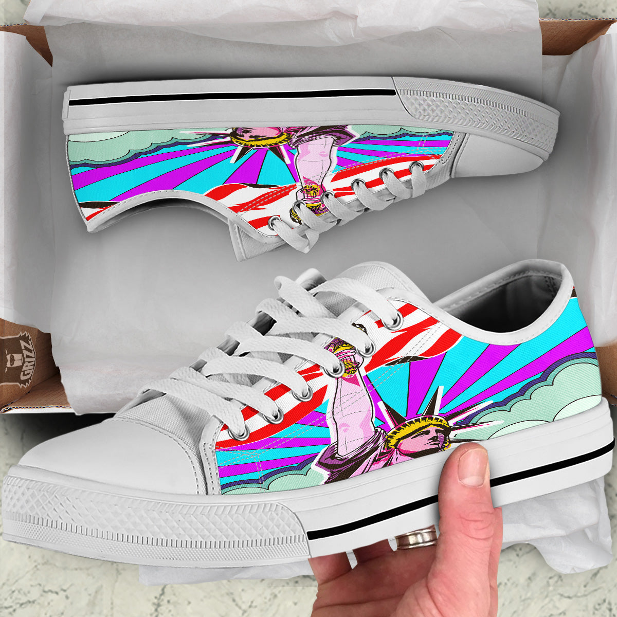 Psychedelic USA Statue of Liberty Independence Day Print White Low Top Shoes-grizzshop