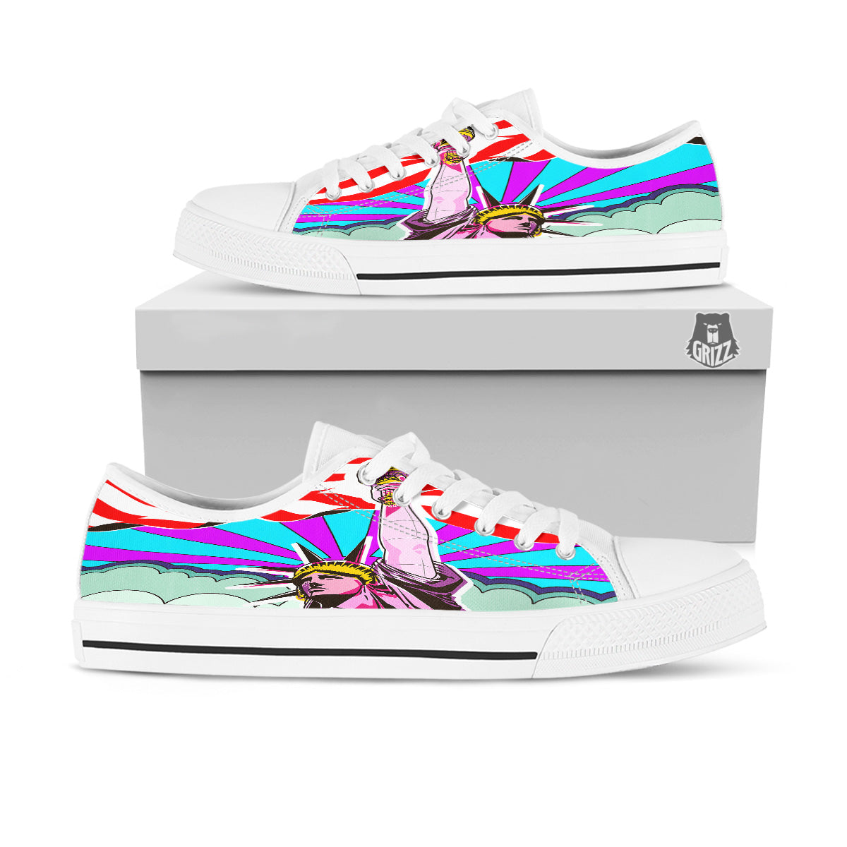 Psychedelic USA Statue of Liberty Independence Day Print White Low Top Shoes-grizzshop