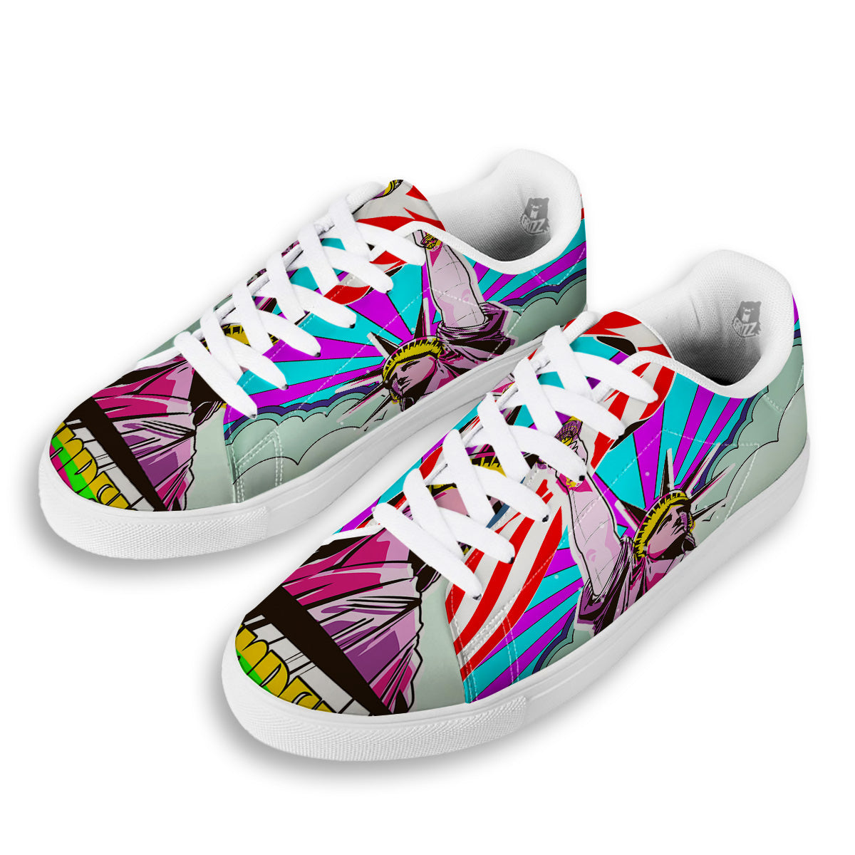 Psychedelic USA Statue of Liberty Independence Day Print White Low Top Sneakers-grizzshop