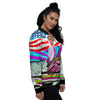 Psychedelic USA Statue of Liberty Independence Day Print Women's Bomber Jacket-grizzshop