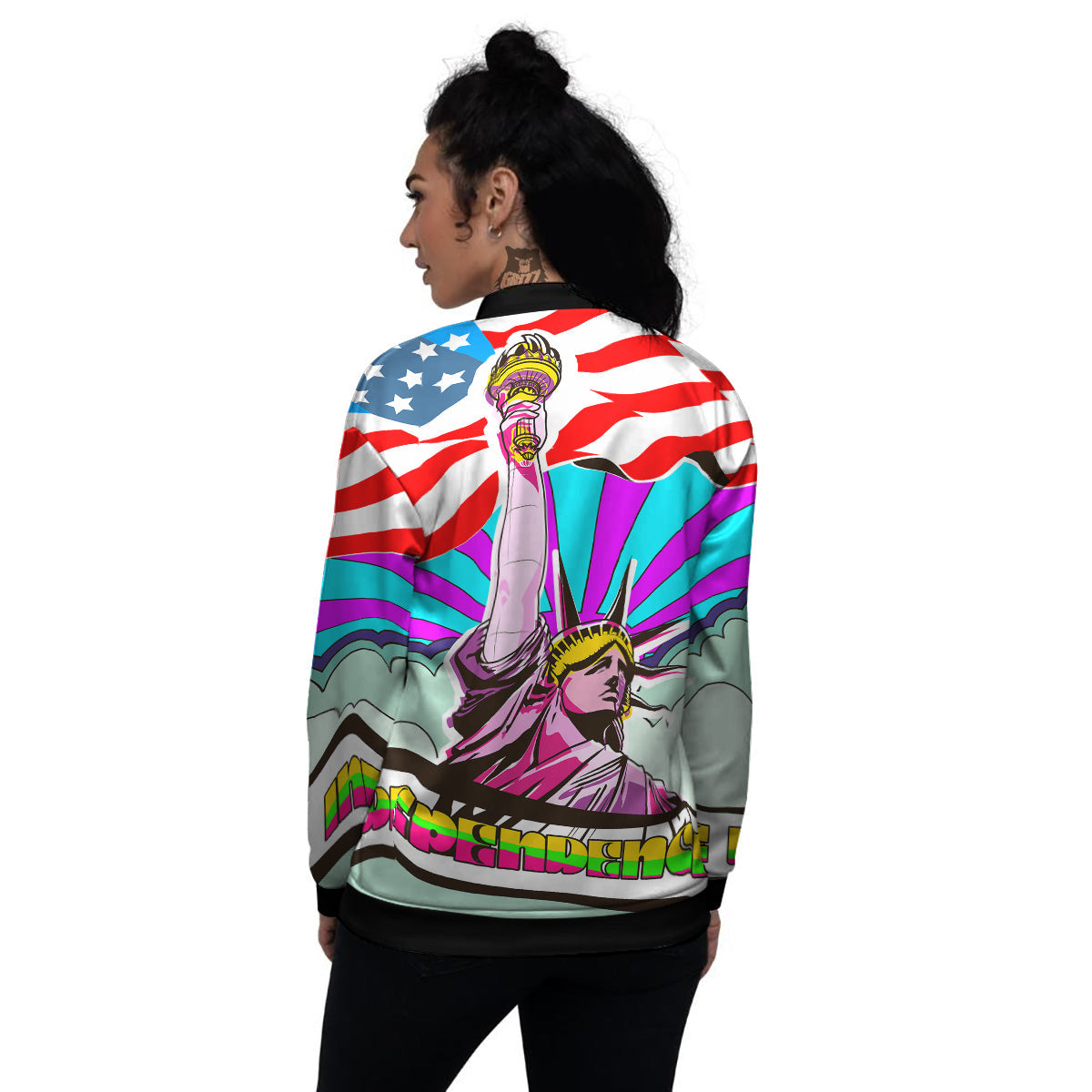 Psychedelic USA Statue of Liberty Independence Day Print Women's Bomber Jacket-grizzshop