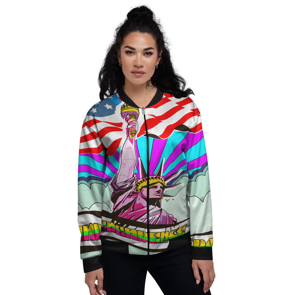 Psychedelic USA Statue of Liberty Independence Day Print Women's Bomber Jacket-grizzshop