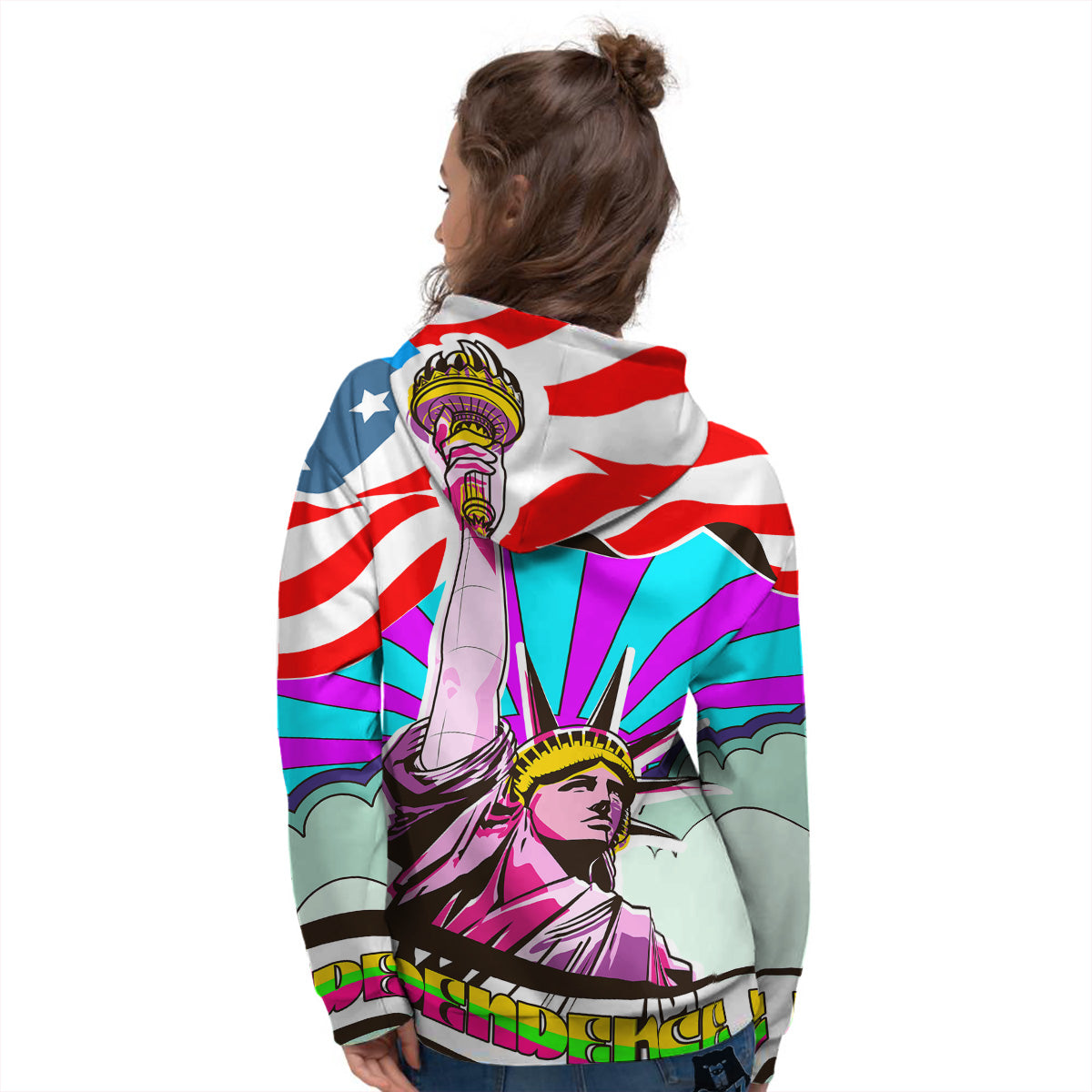 Psychedelic USA Statue of Liberty Independence Day Print Women's Hoodie-grizzshop