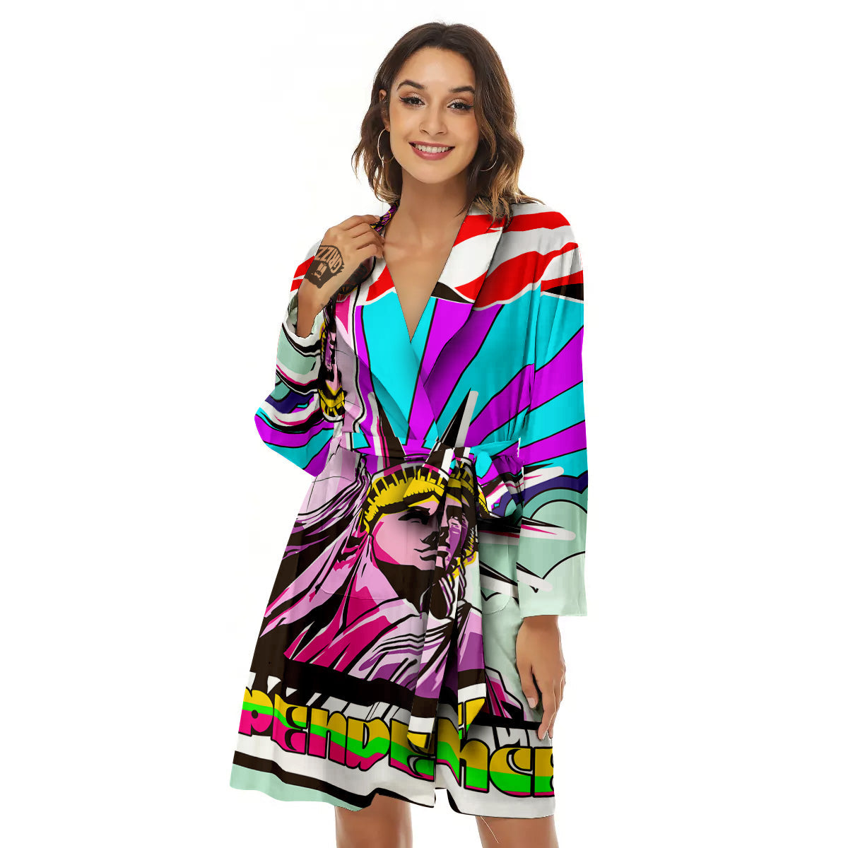 Psychedelic USA Statue of Liberty Independence Day Print Women's Robe-grizzshop