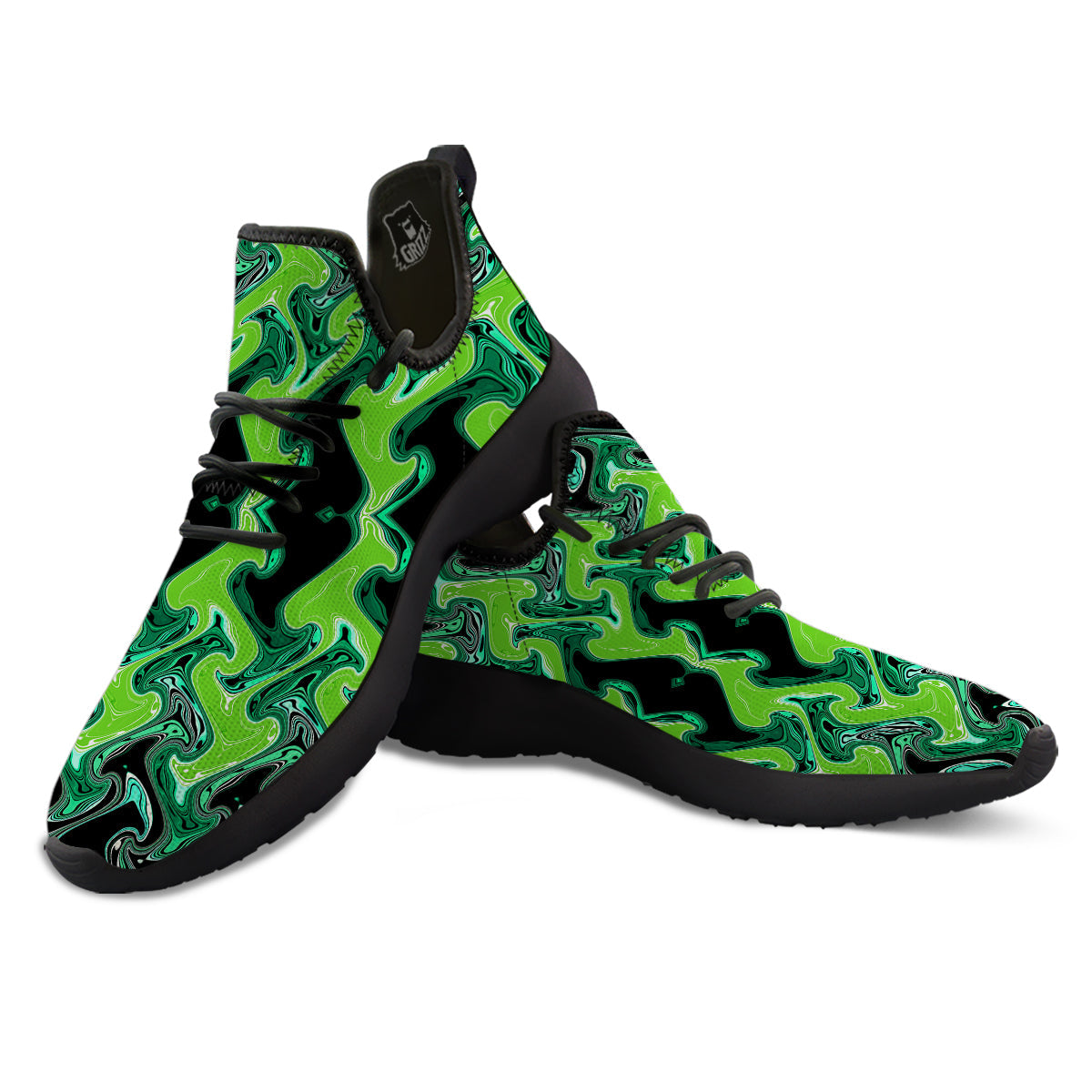 Psychedelic Wave Liquid Green Print Black Athletic Shoes-grizzshop