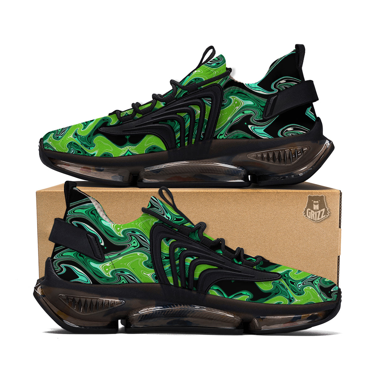 Psychedelic Wave Liquid Green Print Black Gym Shoes-grizzshop