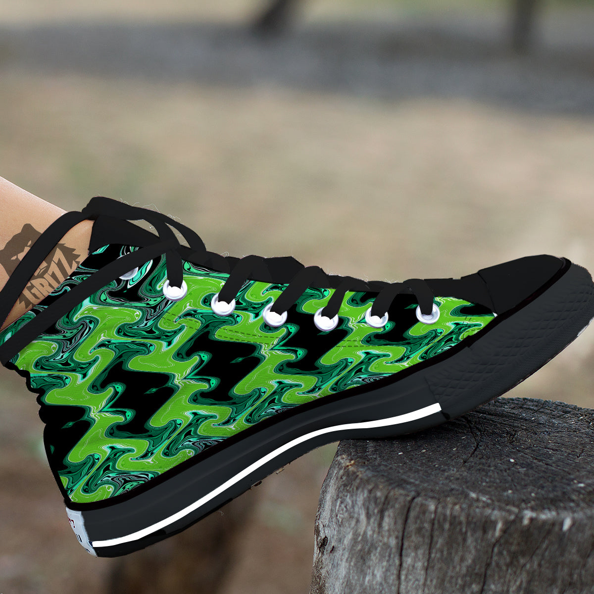 Psychedelic Wave Liquid Green Print Black High Top Shoes-grizzshop