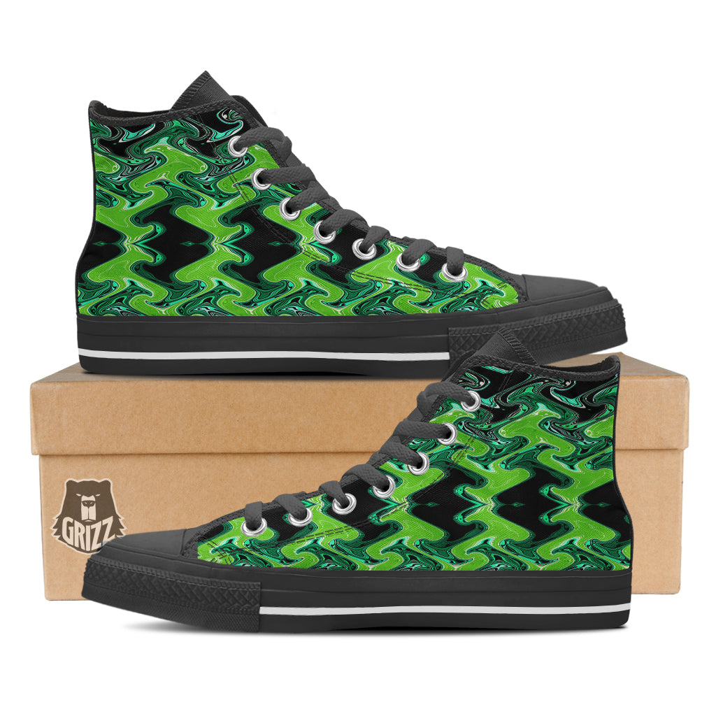 Psychedelic Wave Liquid Green Print Black High Top Shoes-grizzshop