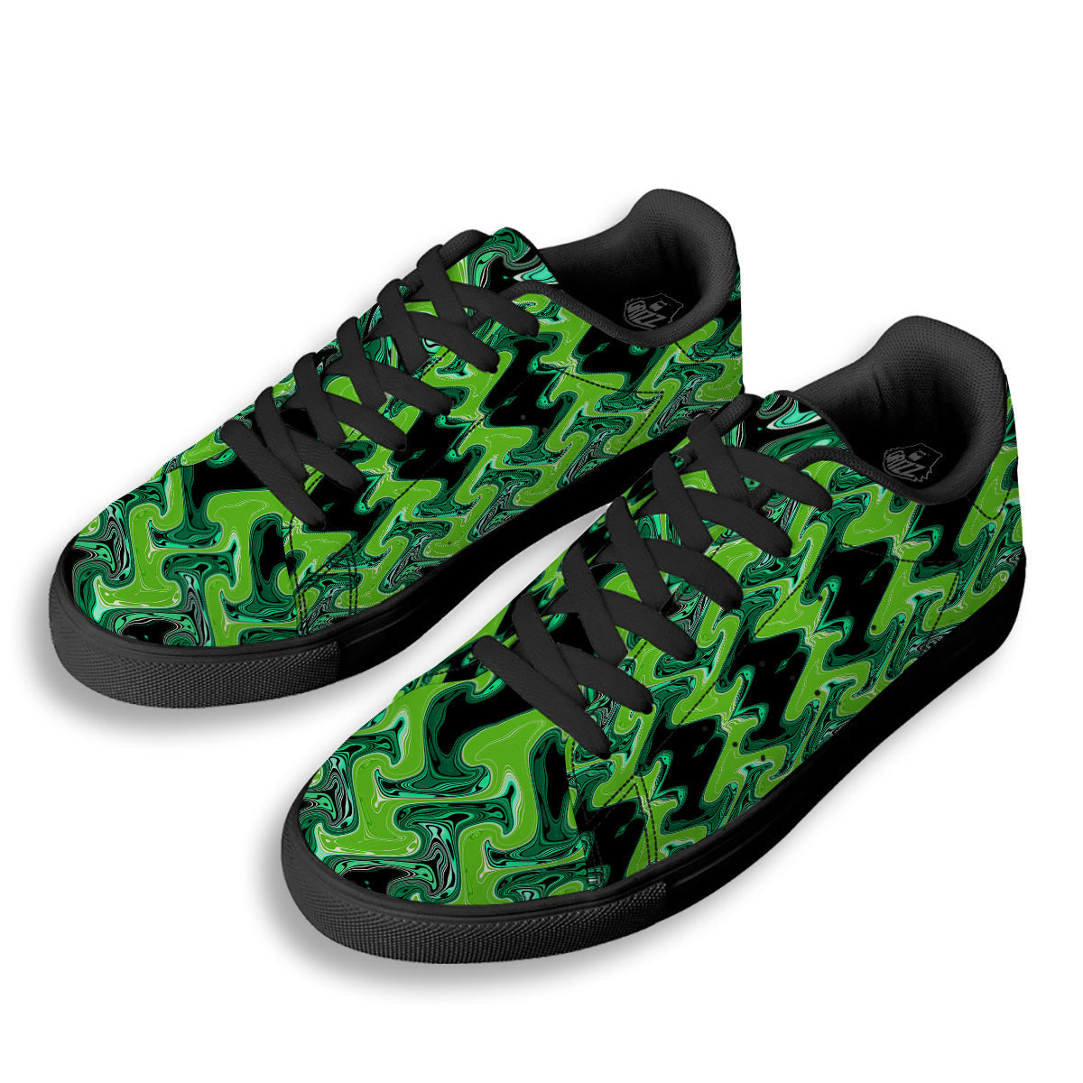 Psychedelic Wave Liquid Green Print Black Low Top Sneakers-grizzshop