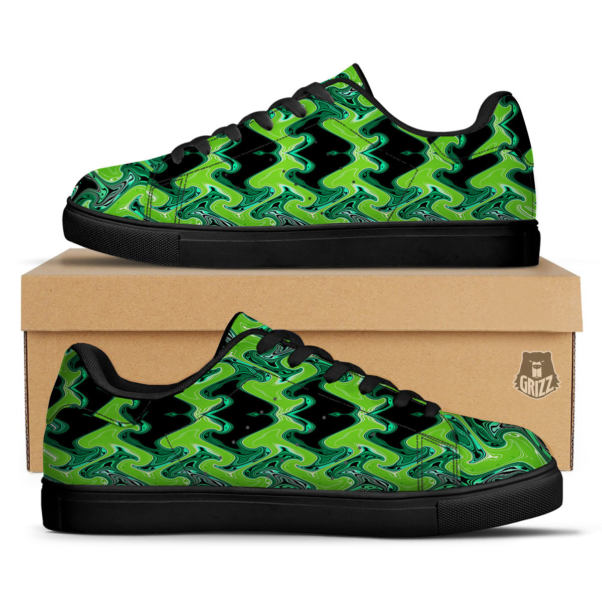 Psychedelic Wave Liquid Green Print Black Low Top Sneakers-grizzshop