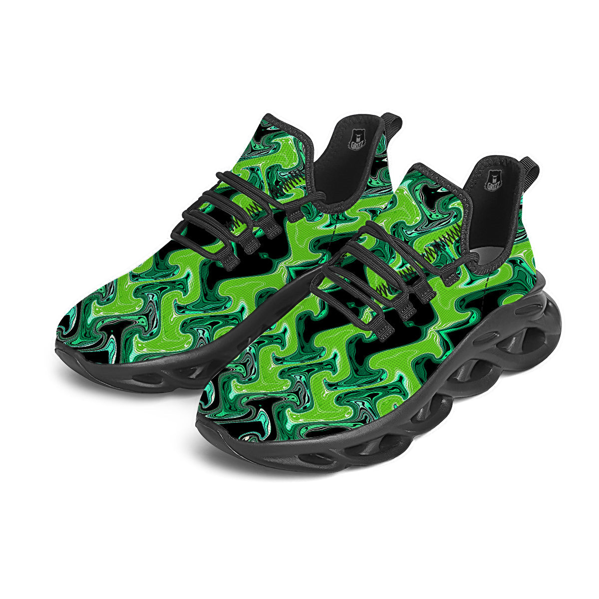 Psychedelic Wave Liquid Green Print Black Running Shoes-grizzshop