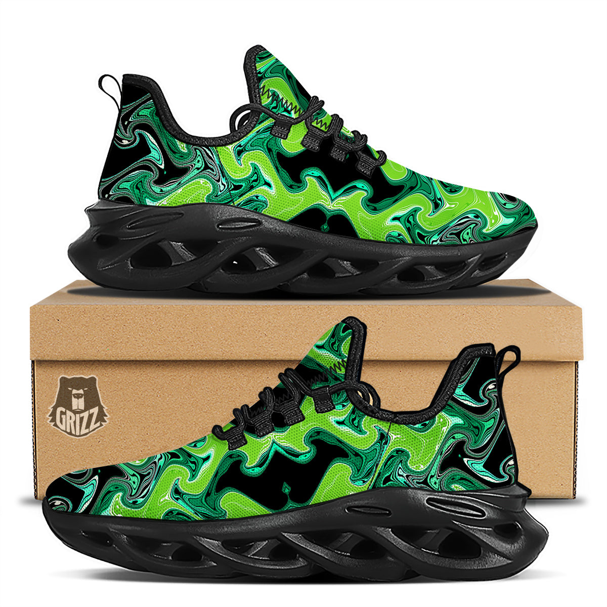 Psychedelic Wave Liquid Green Print Black Running Shoes-grizzshop