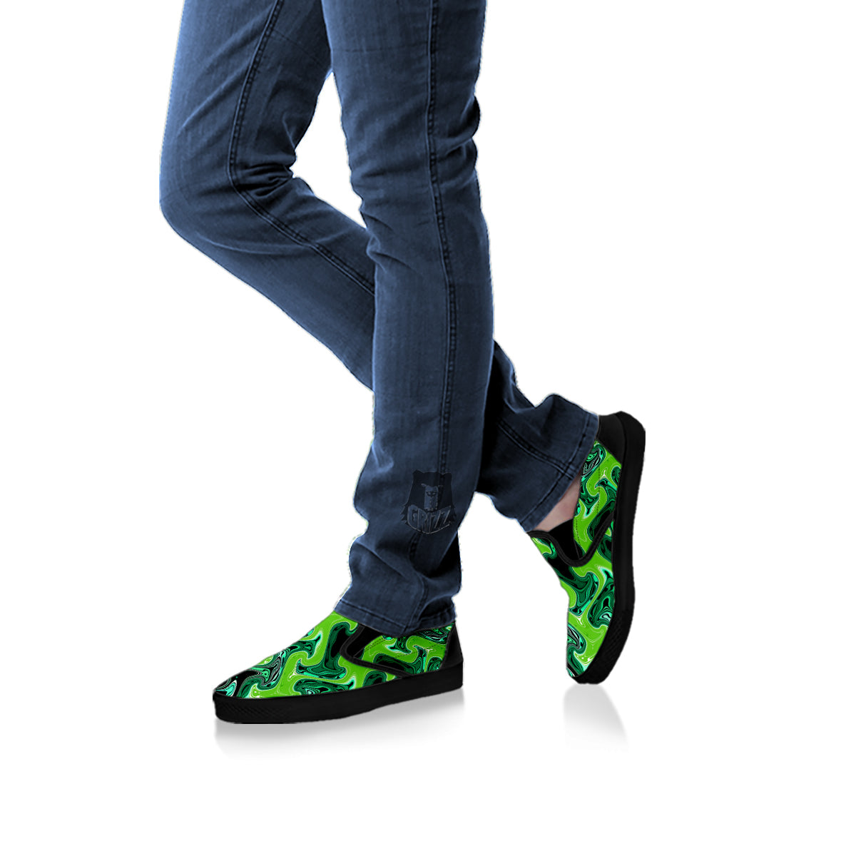 Psychedelic Wave Liquid Green Print Black Slip On Shoes-grizzshop