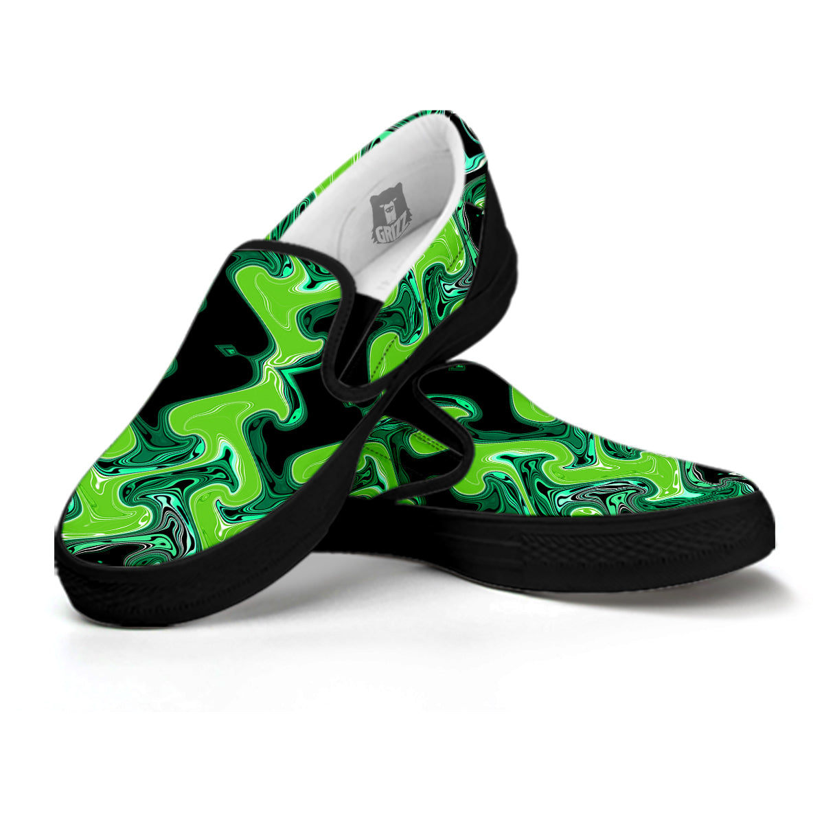 Psychedelic Wave Liquid Green Print Black Slip On Shoes-grizzshop