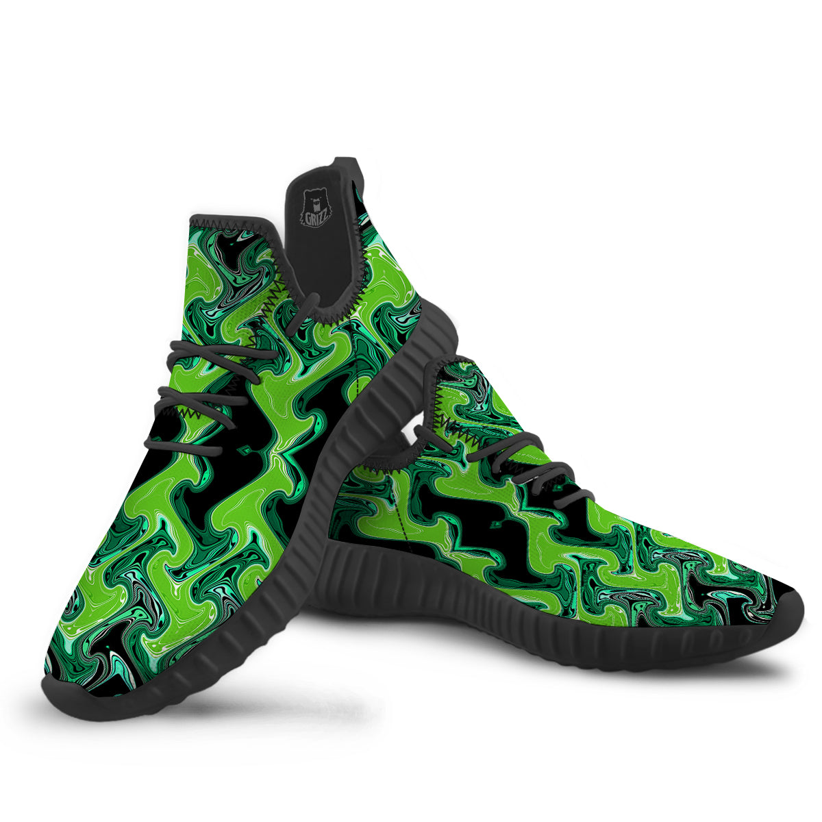 Psychedelic Wave Liquid Green Print Black Walking Shoes-grizzshop