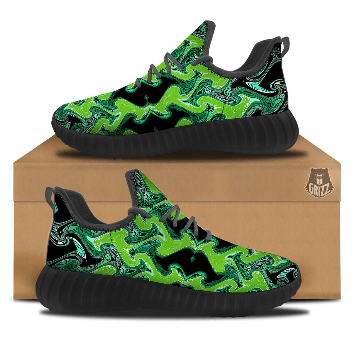Psychedelic Wave Liquid Green Print Black Walking Shoes-grizzshop