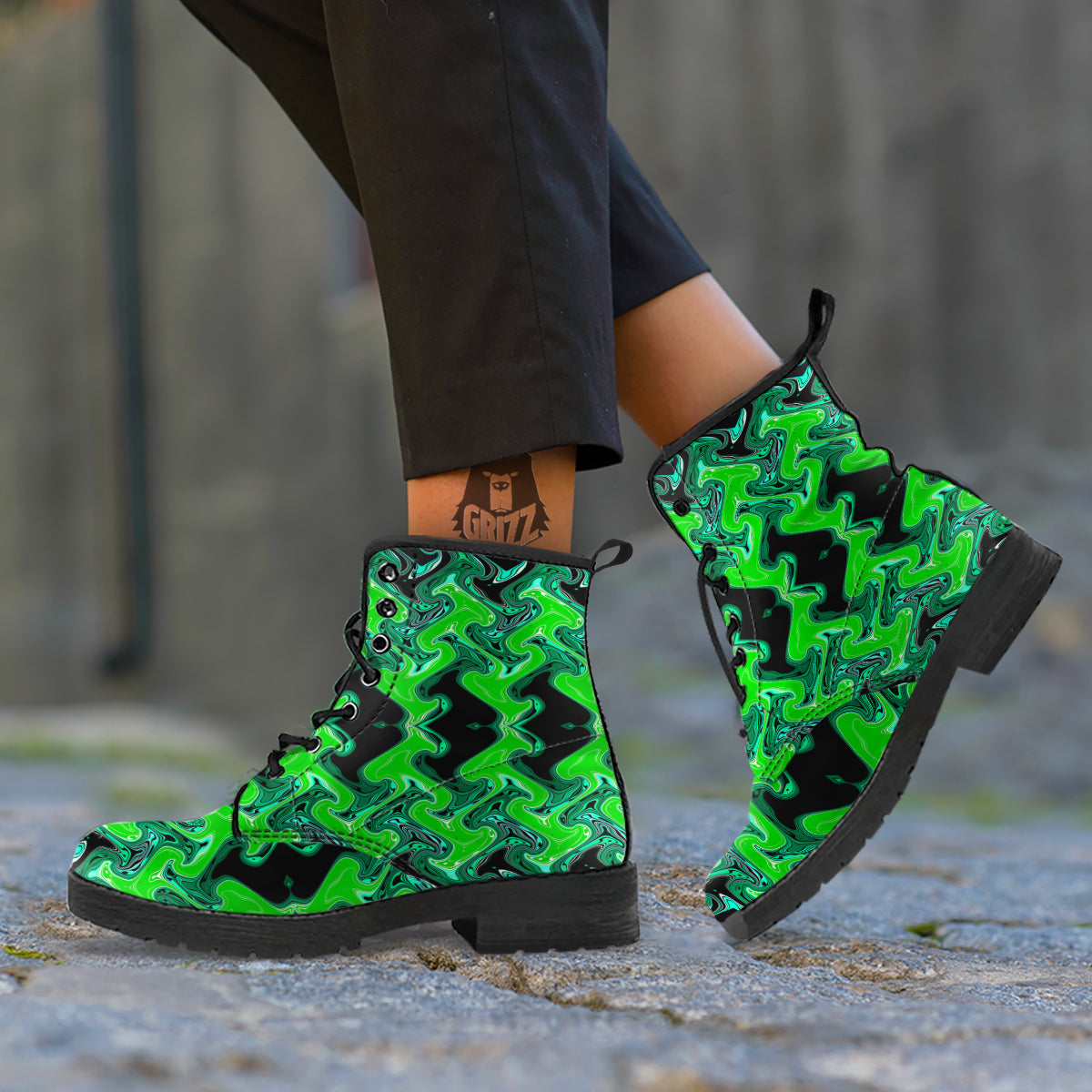 Psychedelic Wave Liquid Green Print Leather Boots-grizzshop