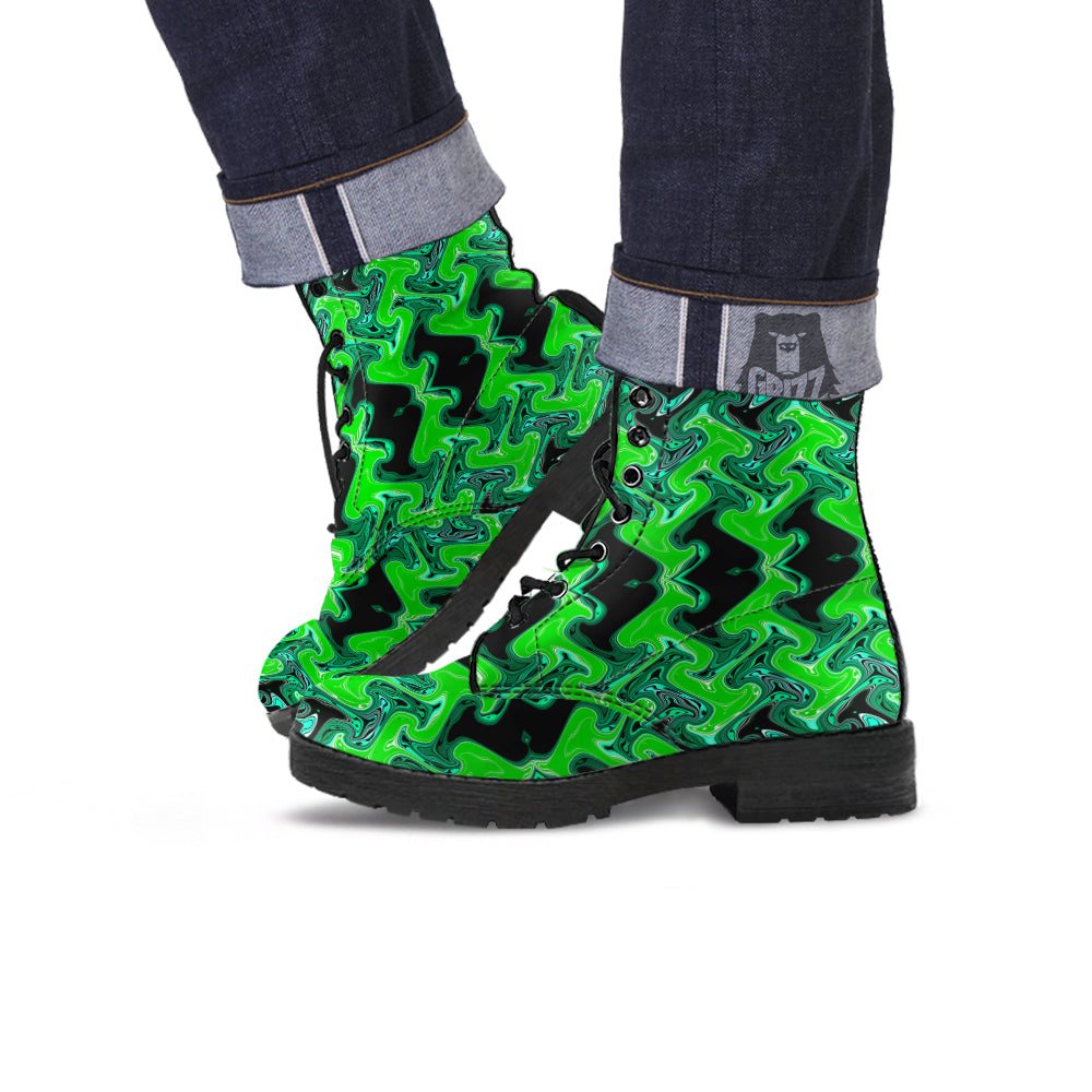 Psychedelic Wave Liquid Green Print Leather Boots-grizzshop