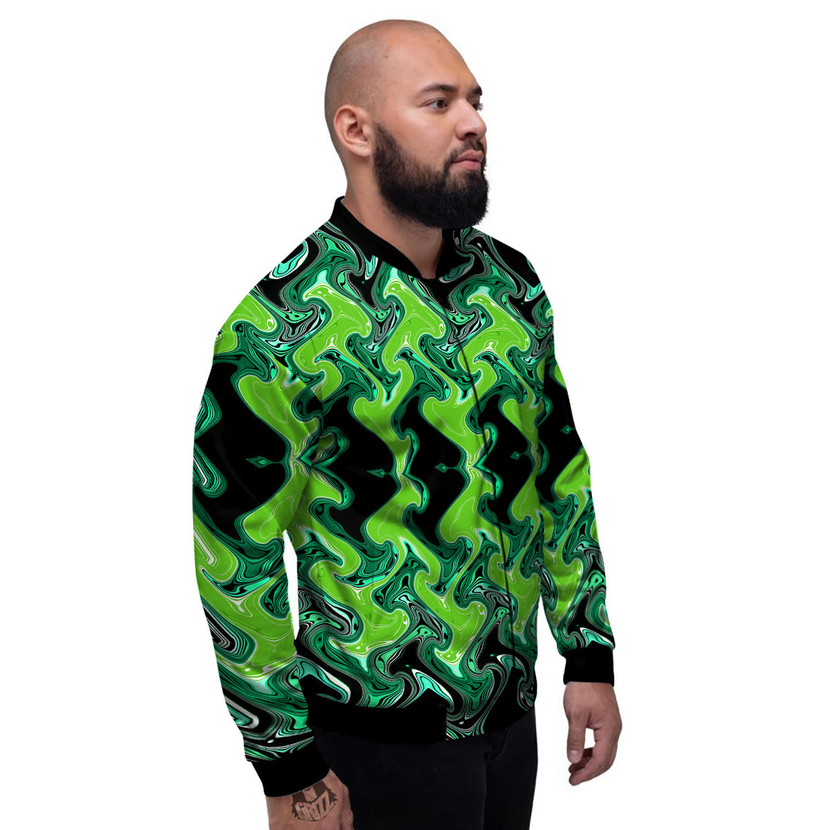 Psychedelic Wave Liquid Green Print Men's Bomber Jacket-grizzshop