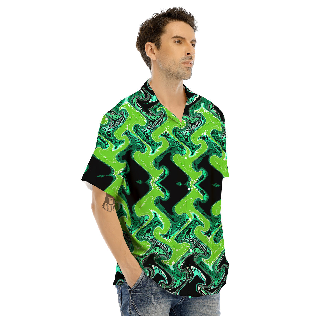 Psychedelic Wave Liquid Green Print Men's Hawaiian Shirt-grizzshop