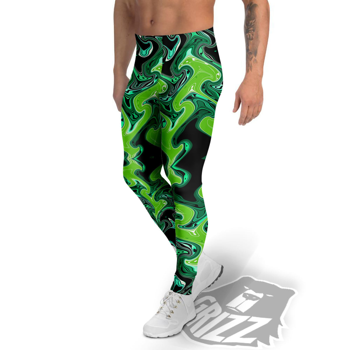 Psychedelic Wave Liquid Green Print Men's Leggings-grizzshop