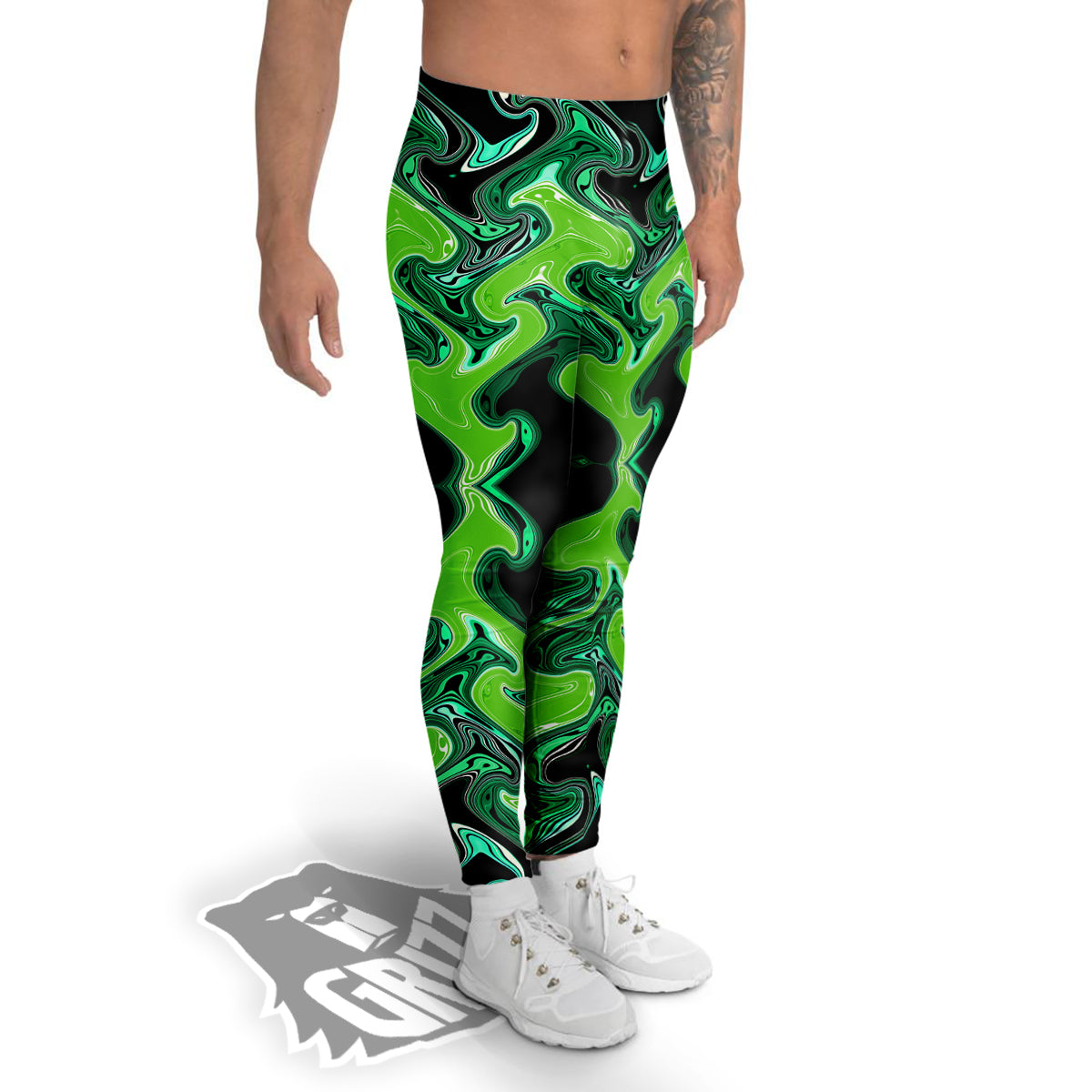 Psychedelic Wave Liquid Green Print Men's Leggings-grizzshop