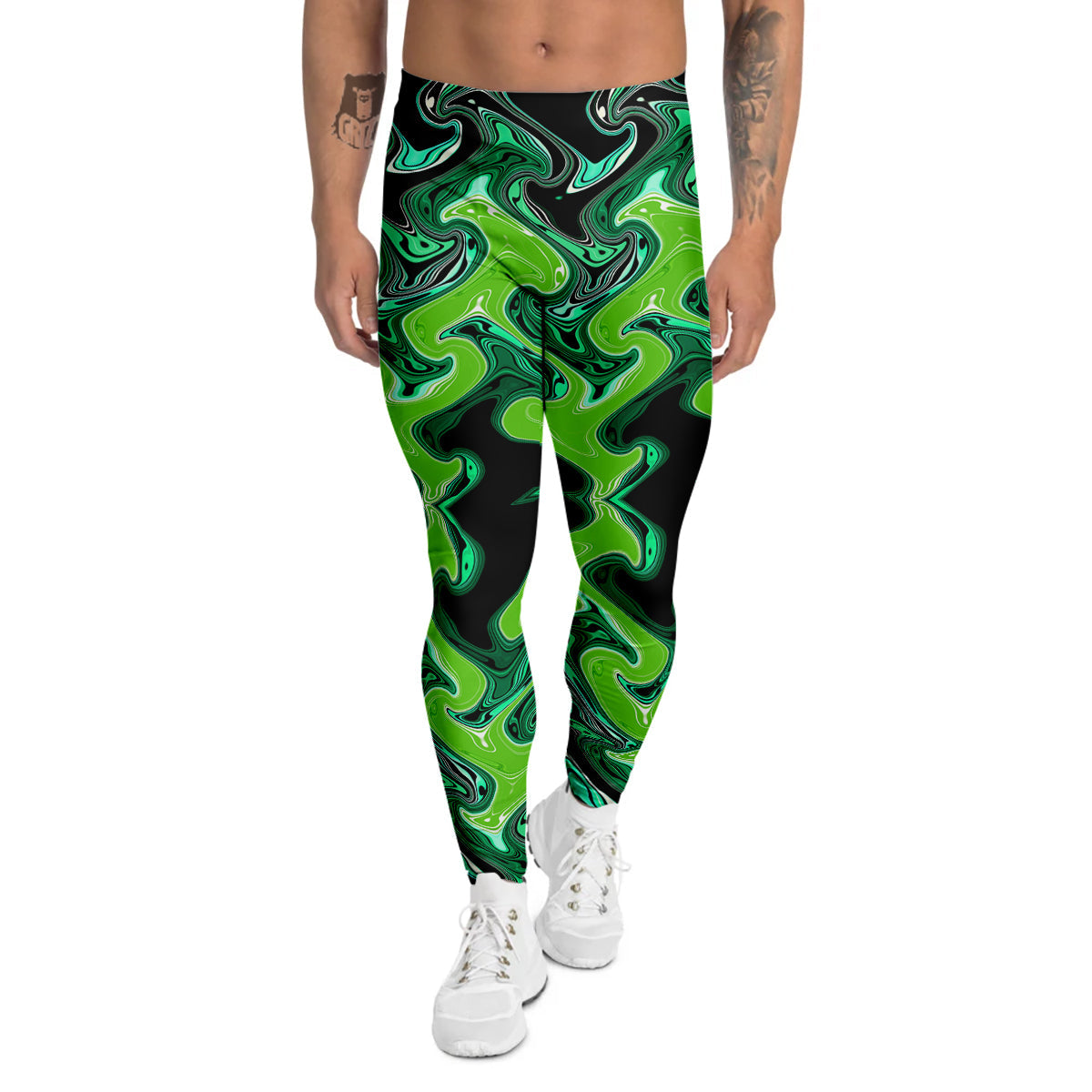 Psychedelic Wave Liquid Green Print Men's Leggings-grizzshop