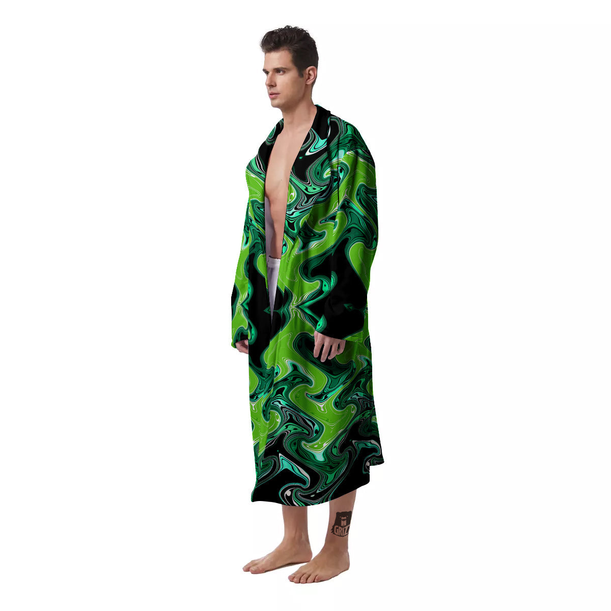 Psychedelic Wave Liquid Green Print Men's Robe-grizzshop