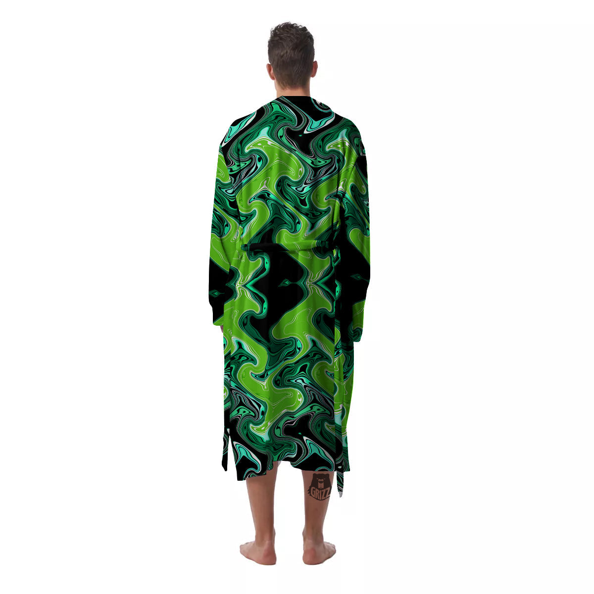 Psychedelic Wave Liquid Green Print Men's Robe-grizzshop