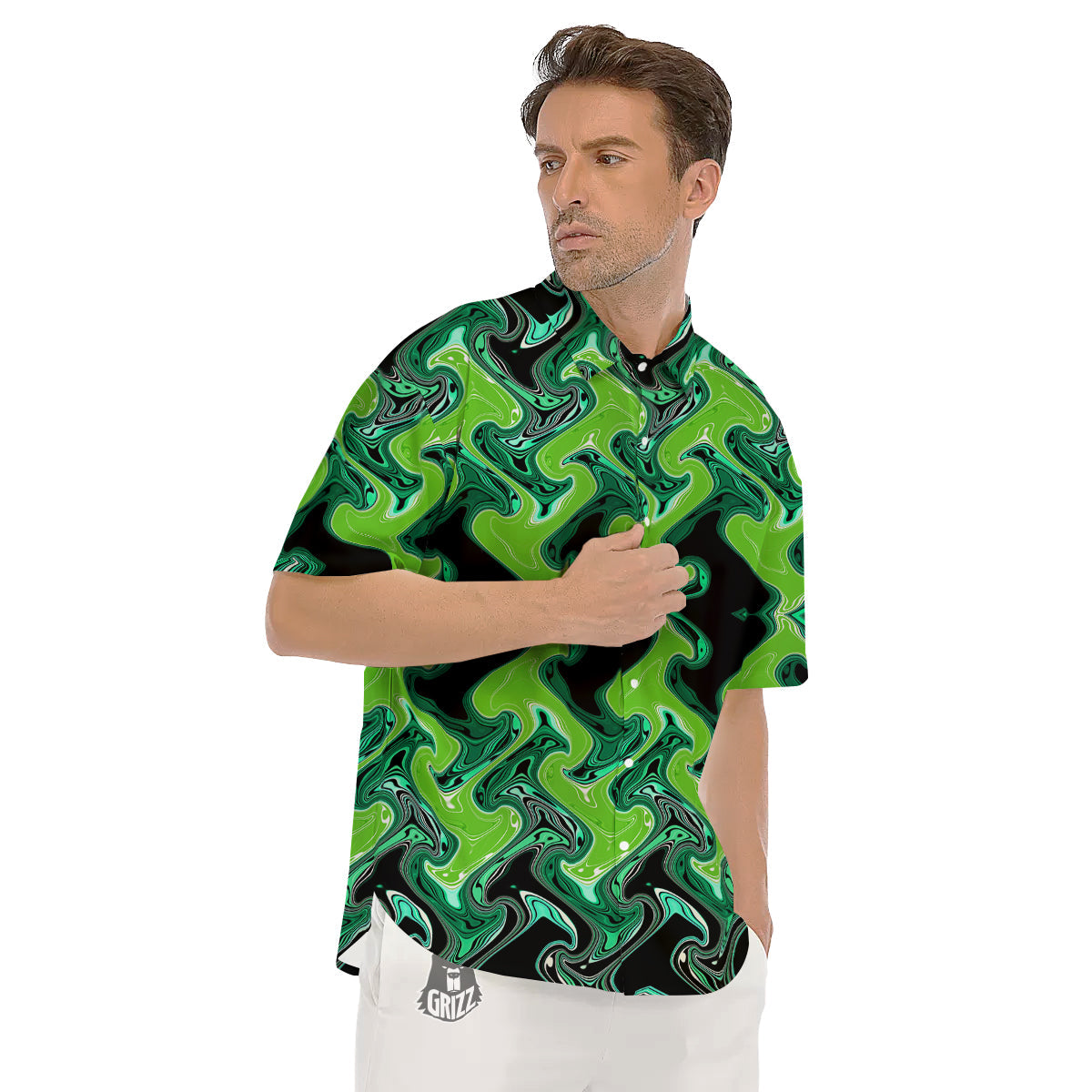 Psychedelic Wave Liquid Green Print Men's Short Sleeve Shirts-grizzshop