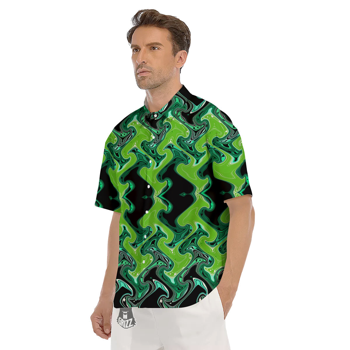 Psychedelic Wave Liquid Green Print Men's Short Sleeve Shirts-grizzshop