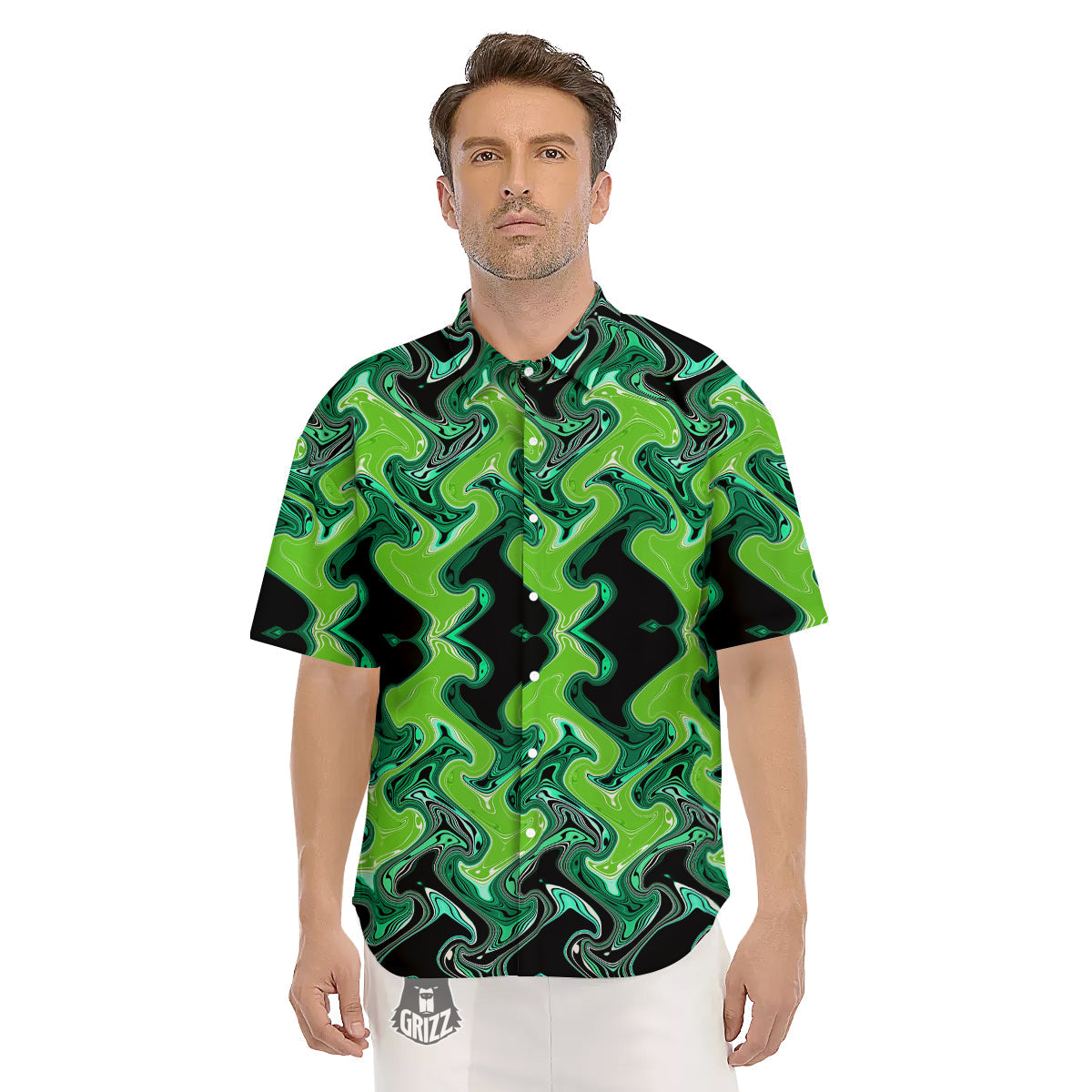 Psychedelic Wave Liquid Green Print Men's Short Sleeve Shirts-grizzshop