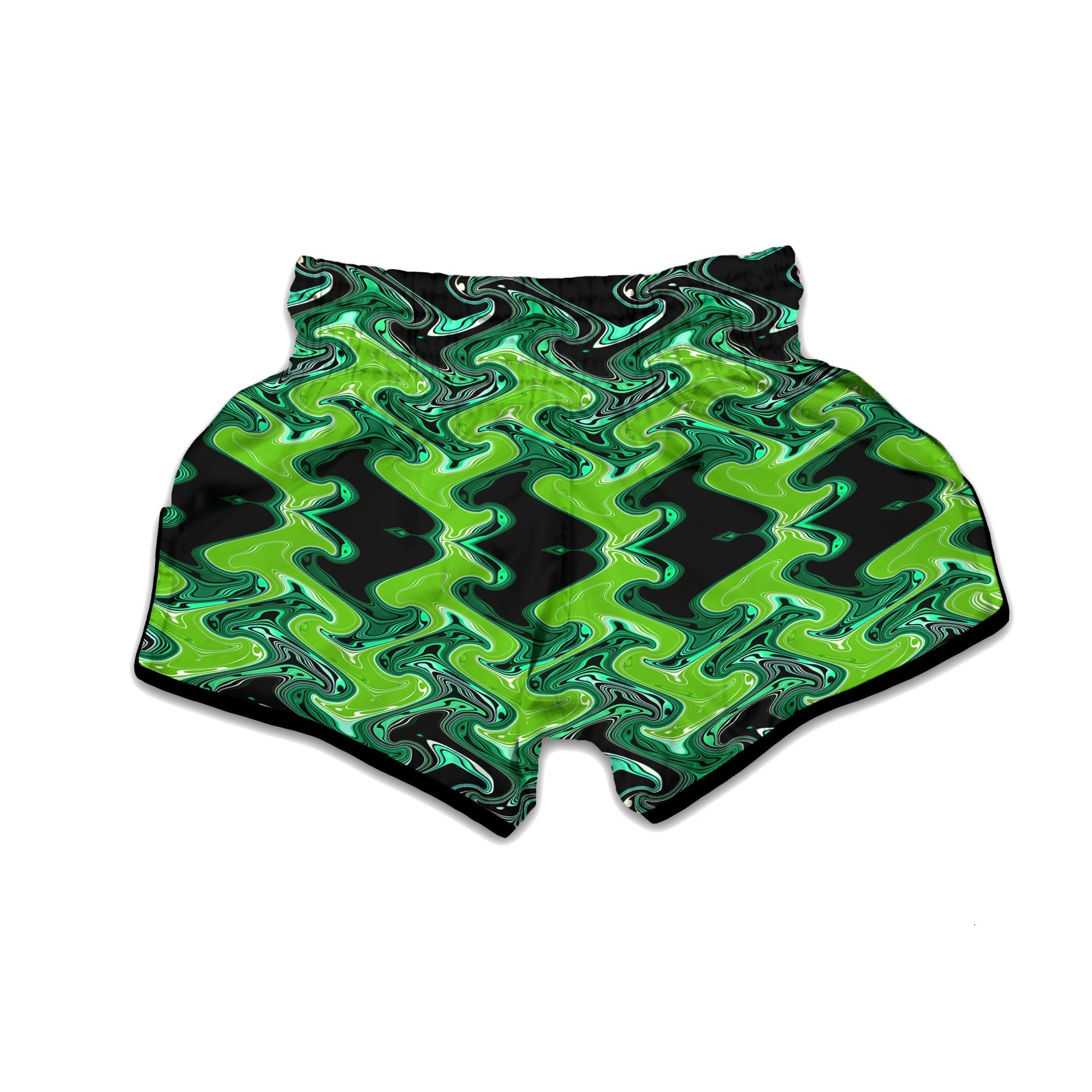 Psychedelic Wave Liquid Green Print Muay Thai Boxing Shorts-grizzshop