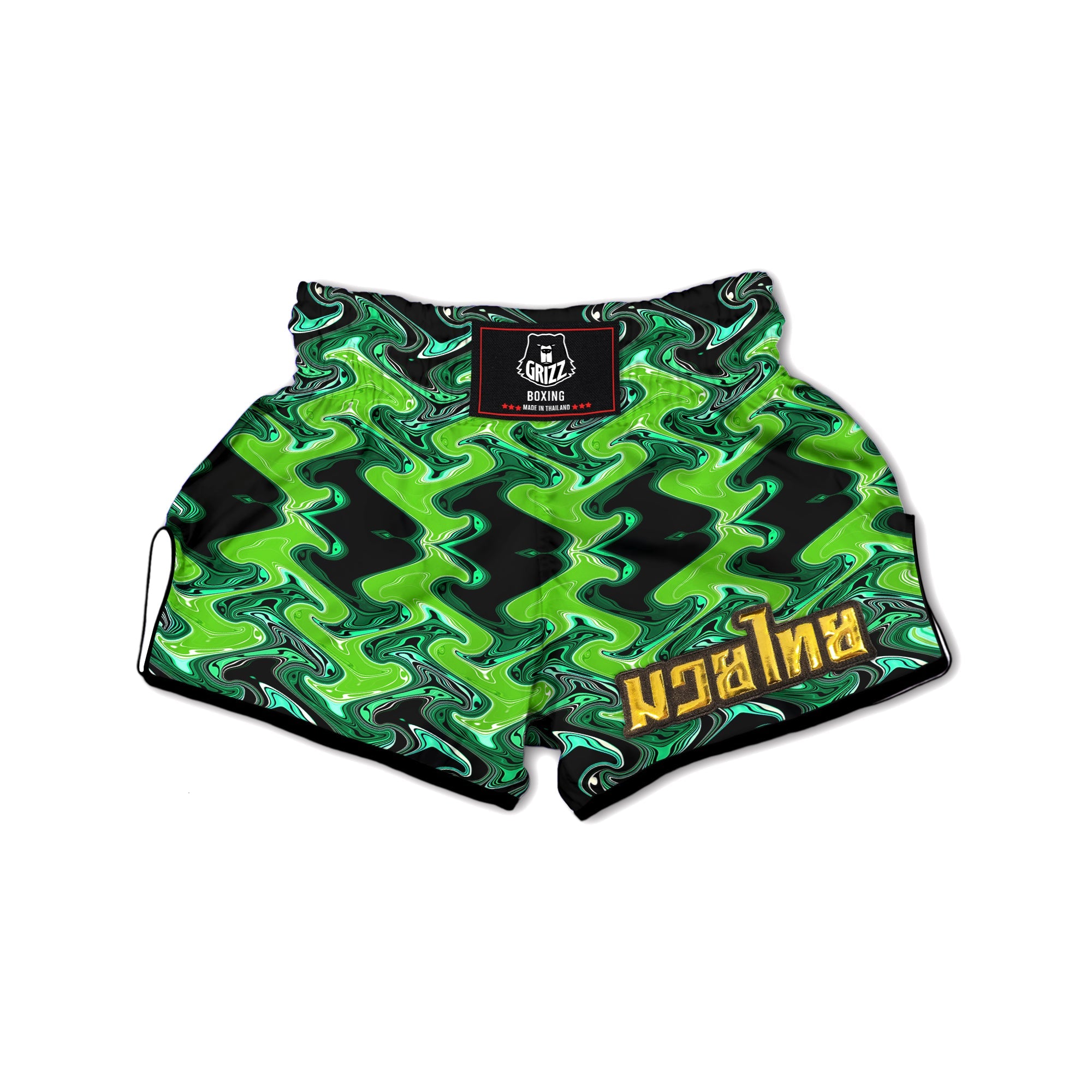 Psychedelic Wave Liquid Green Print Muay Thai Boxing Shorts-grizzshop