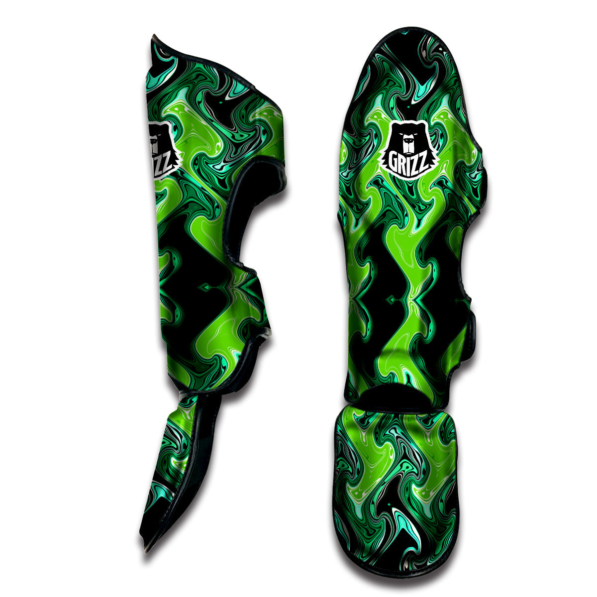 Psychedelic Wave Liquid Green Print Muay Thai Shin Guards-grizzshop