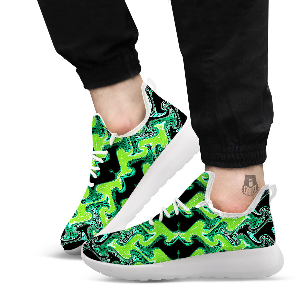 Psychedelic Wave Liquid Green Print White Athletic Shoes-grizzshop
