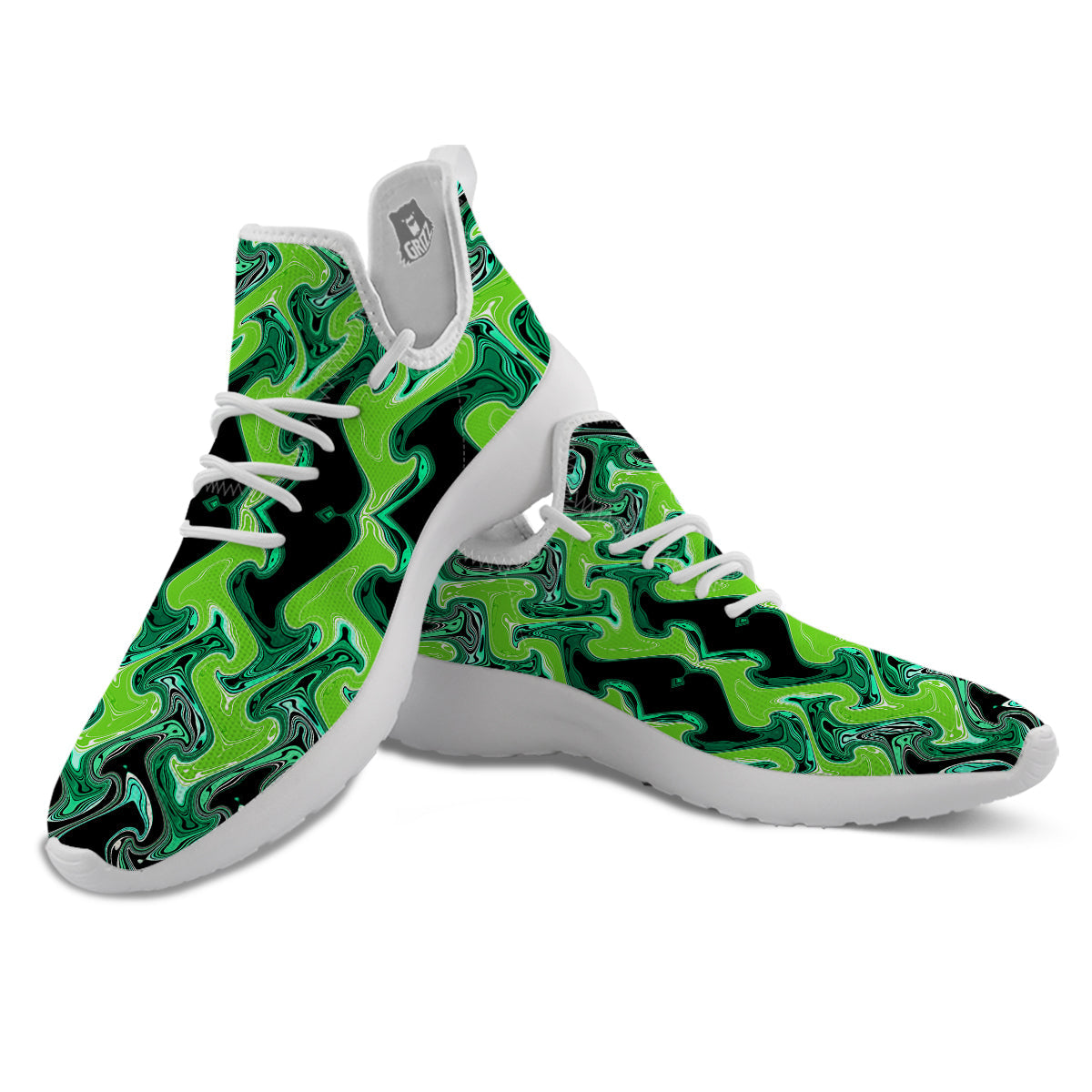 Psychedelic Wave Liquid Green Print White Athletic Shoes-grizzshop