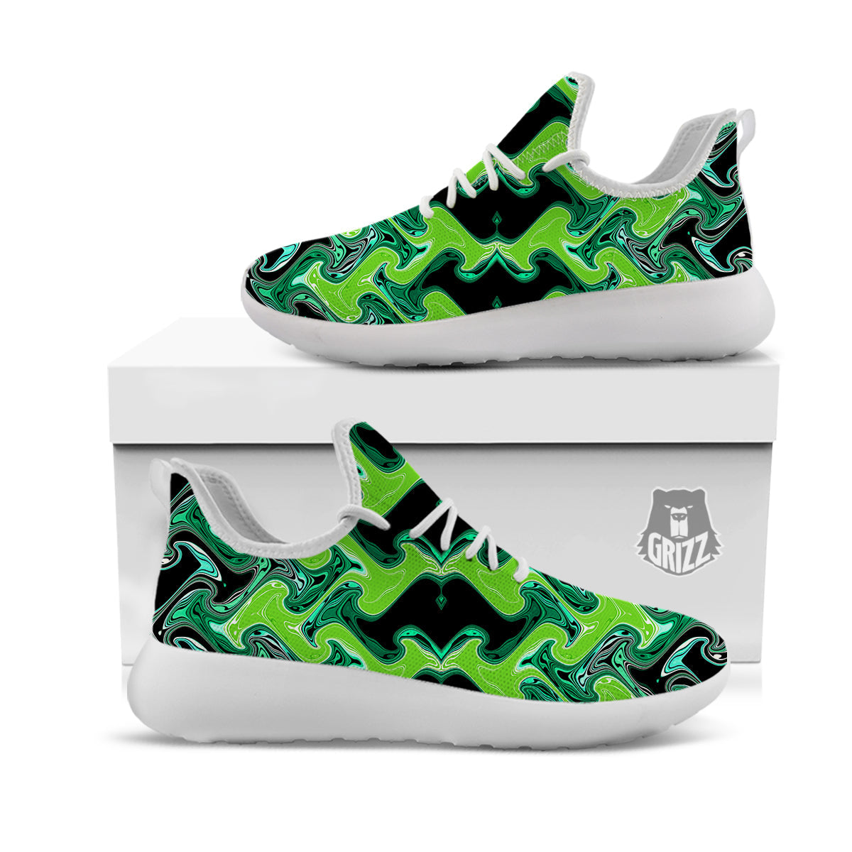 Psychedelic Wave Liquid Green Print White Athletic Shoes-grizzshop