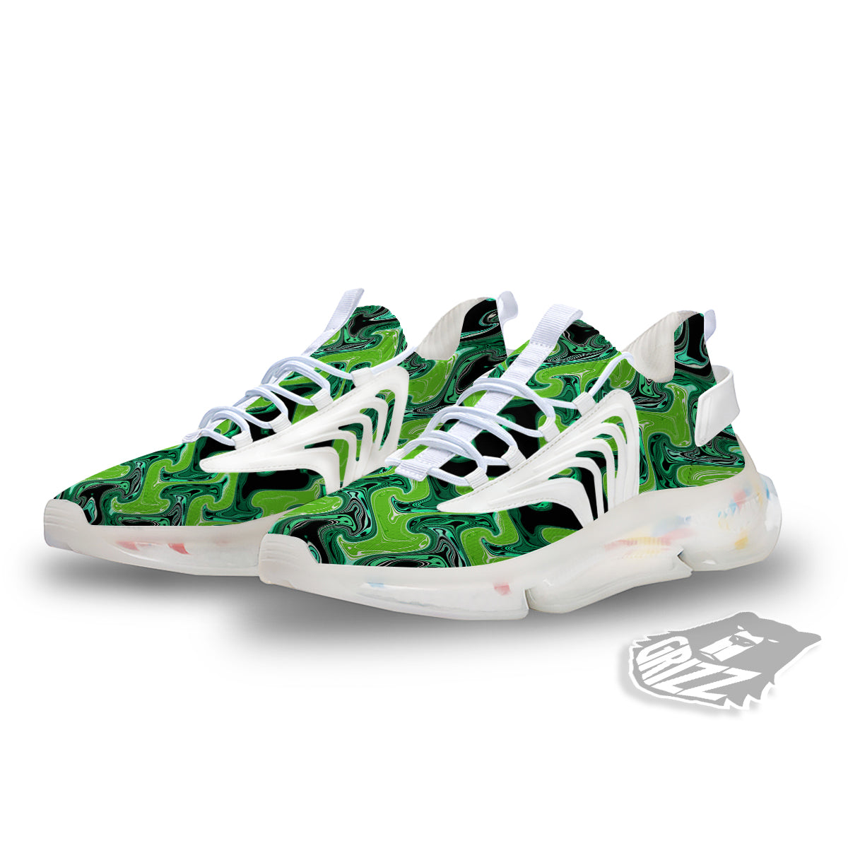 Psychedelic Wave Liquid Green Print White Gym Shoes-grizzshop